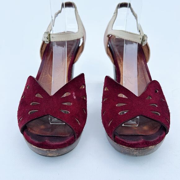 Chie Mihara Burgundy Red Suede Mod Heels 36 Chunky 6 Leather Pumps - Picture 2 of 11